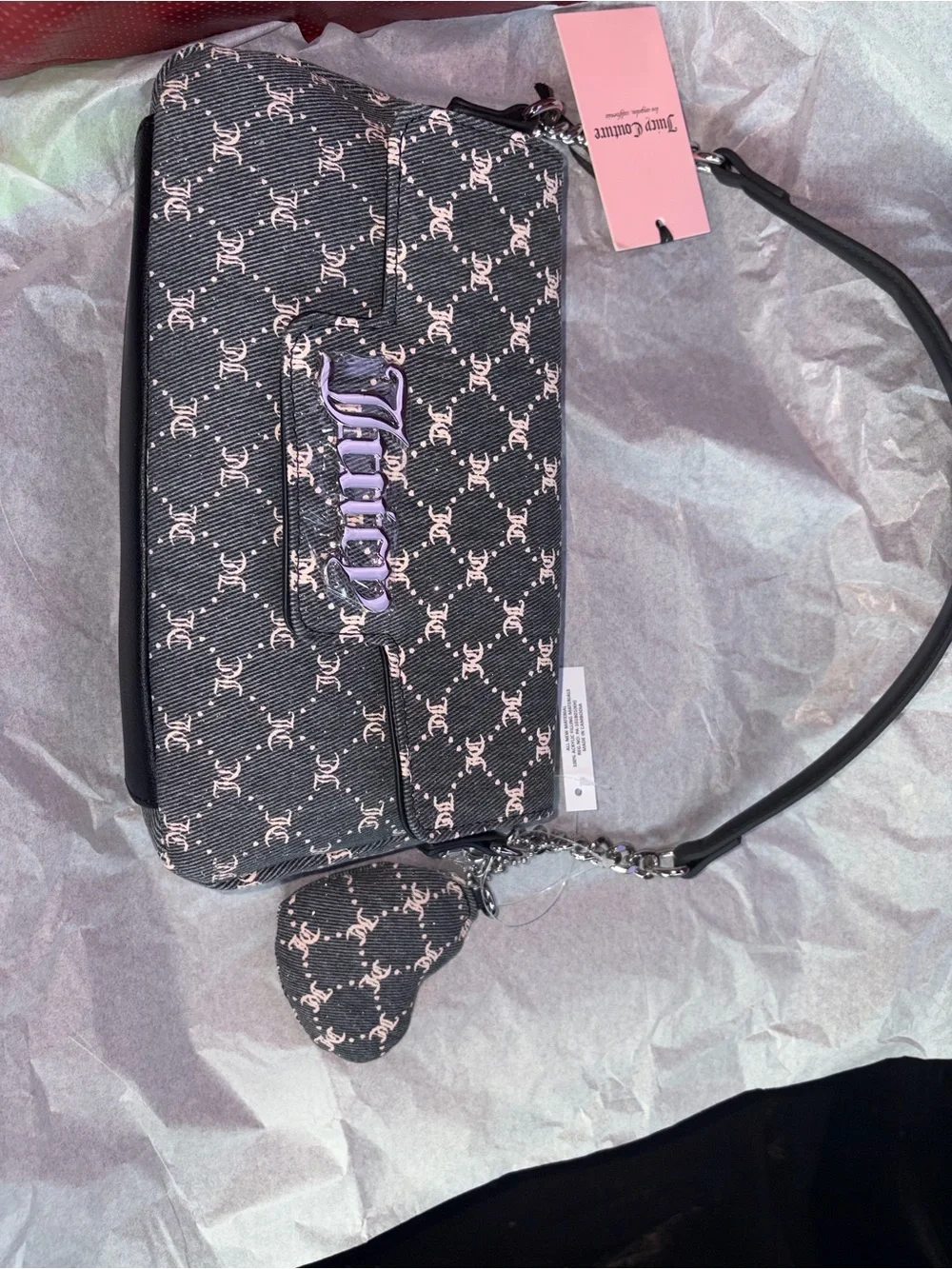 Juicy Couture Black and White Monogram Crossbody Bag with Chain Strap